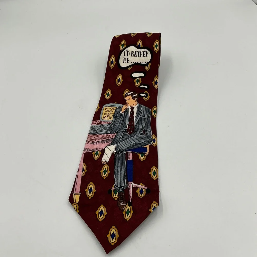 Nicole Miller Mens Burgundy Silk Tie I'd Rather Be Skiing Office Humor‎